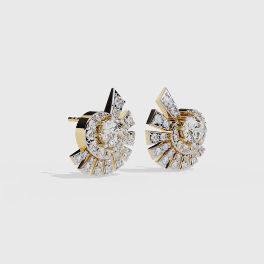 Sunburst Stud Earrings | 9K-14K-18K Solid Gold Round Diamond Halo with Radiating Fan Design | Statement Studs for Women