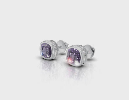 Unisex Natural Amethyst & Moissanite Halo Stud Earrings, 925 Sterling Silver Cushion Cut Bold Purple Gemstone Jewelry