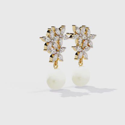 Pearl Drop Earrings | Marquise Floral Diamond Earrings | 9K-14K-18K Gold Pearl Dangle Earrings for Women