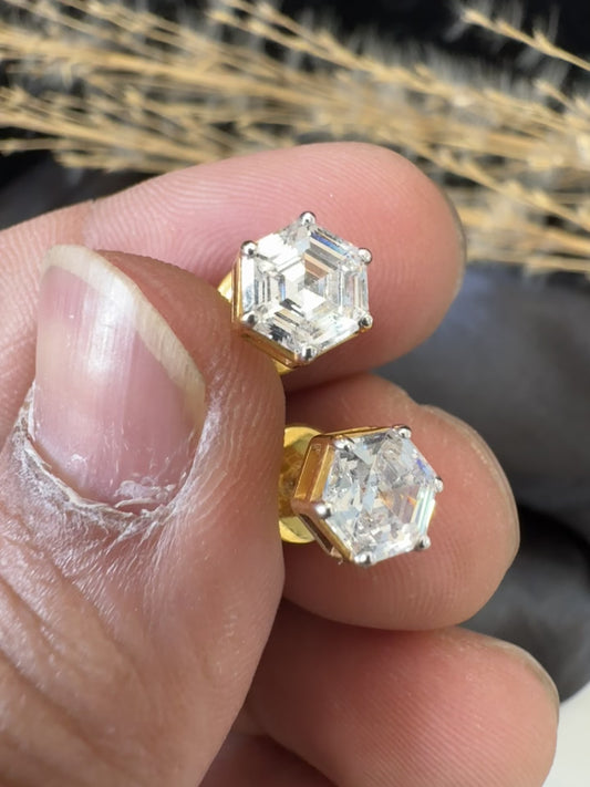 Unique Hexagonal Moissanite Solitaire Studs in 18K BIS Hallmarked Gold, 80 Cents Each, Unisex Designer Earrings by Avarta Jewellery