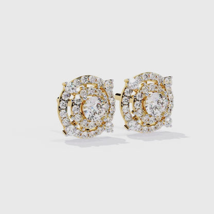 9K-14K-18K Gold Double Halo Stud Earrings | Modern Lab Grown Diamond Earrings for Women
