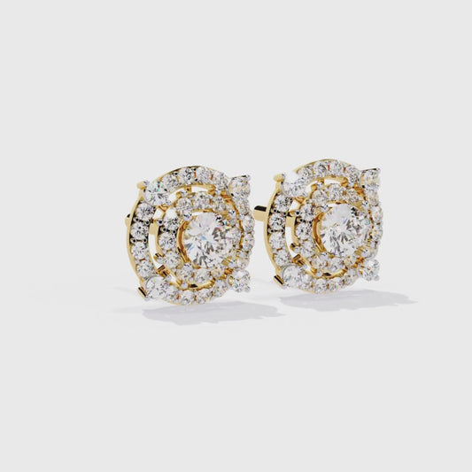 9K-14K-18K Gold Double Halo Stud Earrings | Modern Lab Grown Diamond Earrings for Women