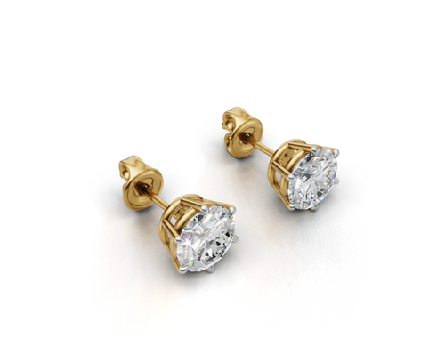 2 Carat Each Solitaire Stud Earrings in 925 Sterling Silver with Gold Plating | Push Back Closure | Avarta Jewellery
