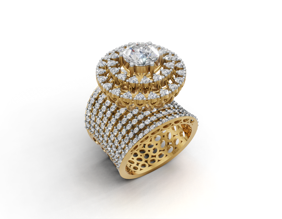 Angled view of wide moissanite halo cocktail ring in yellow gold finish with openwork inner band