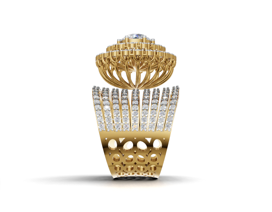 Side view of moissanite ring showing raised halo cage and honeycomb cut-out band