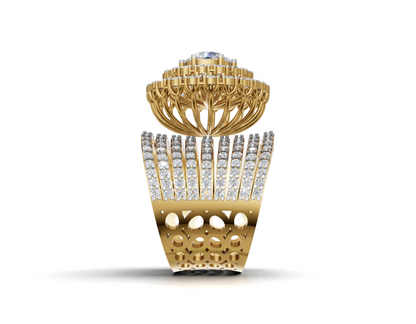 Side view of moissanite ring showing raised halo cage and honeycomb cut-out band