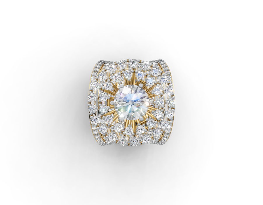 Top-down view of moissanite cocktail ring showing halo and multi-row shoulders