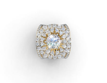 Top-down view of moissanite cocktail ring showing halo and multi-row shoulders