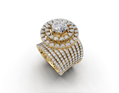 Three-quarter view of nine-row moissanite band with raised double halo