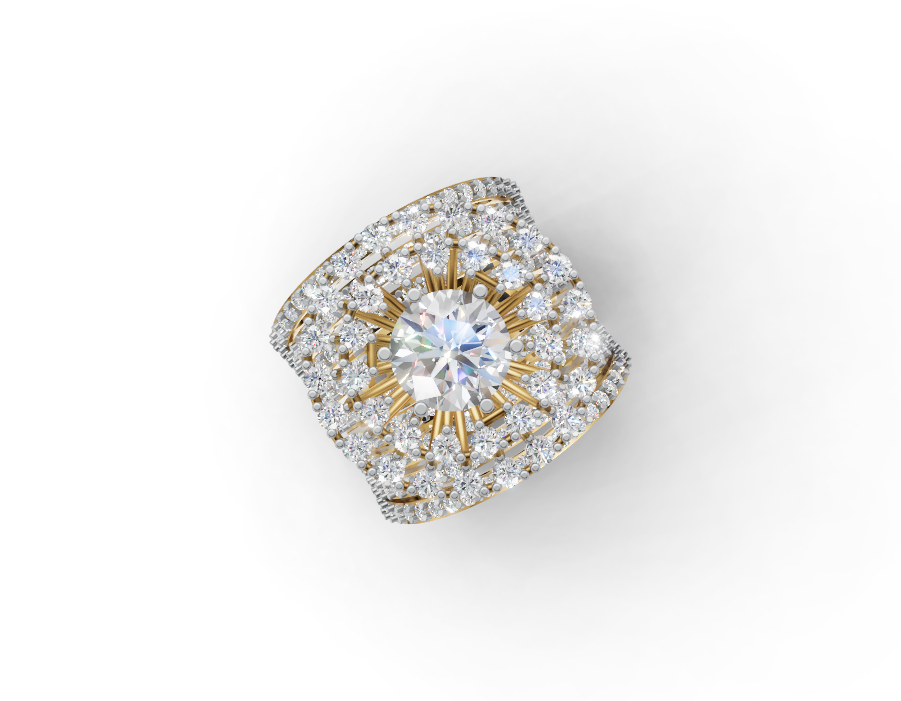 Top view of 8.50 mm round moissanite centre with sunburst rays and diamond-set band