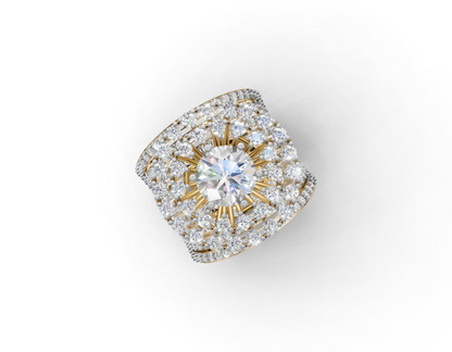 Top view of 8.50 mm round moissanite centre with sunburst rays and diamond-set band