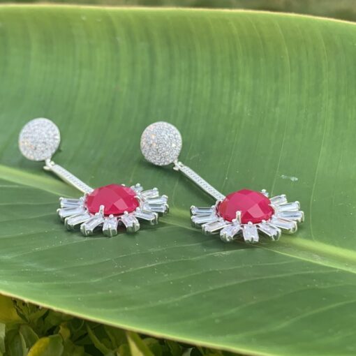 Avarta Sterling Silver Long Dangle Earring With Faux Ruby