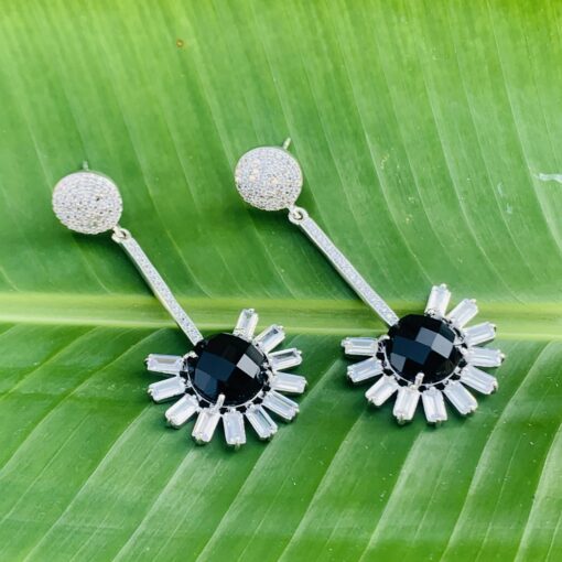 Avarta Sterling Silver Long Dangle Earring With Black American Diamond