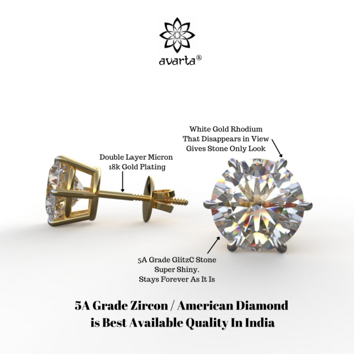 Avarta Jewellery 92.5 Sterling Silver American Diamonds 2 Carat Each Solitaire Stud Earrings With Yellow Gold Polish for Girls & Women - Image 5