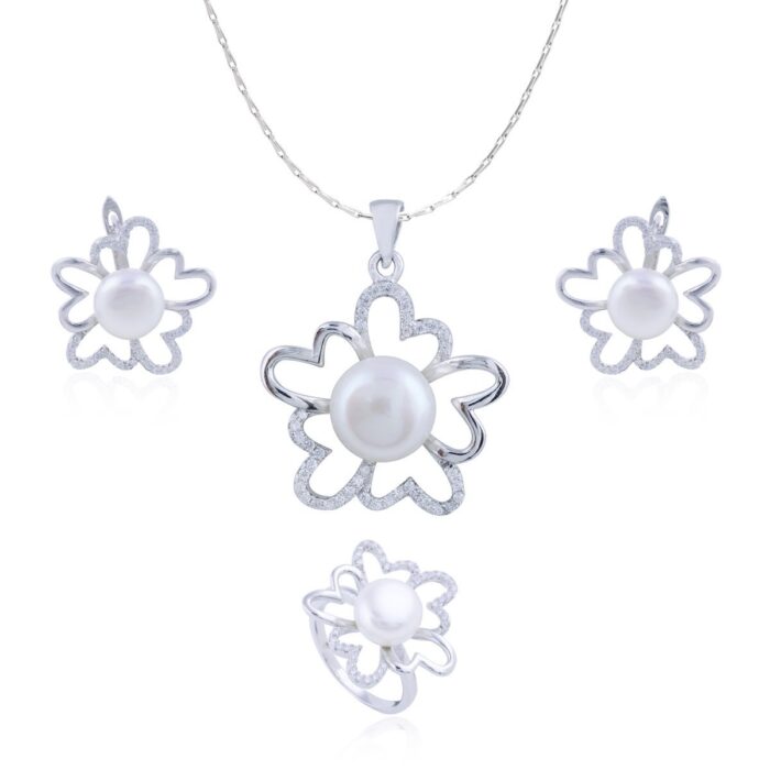 Avarta Jewellery Sterling Silver Vigorous Pearl Pendant Set With Chain & Ring