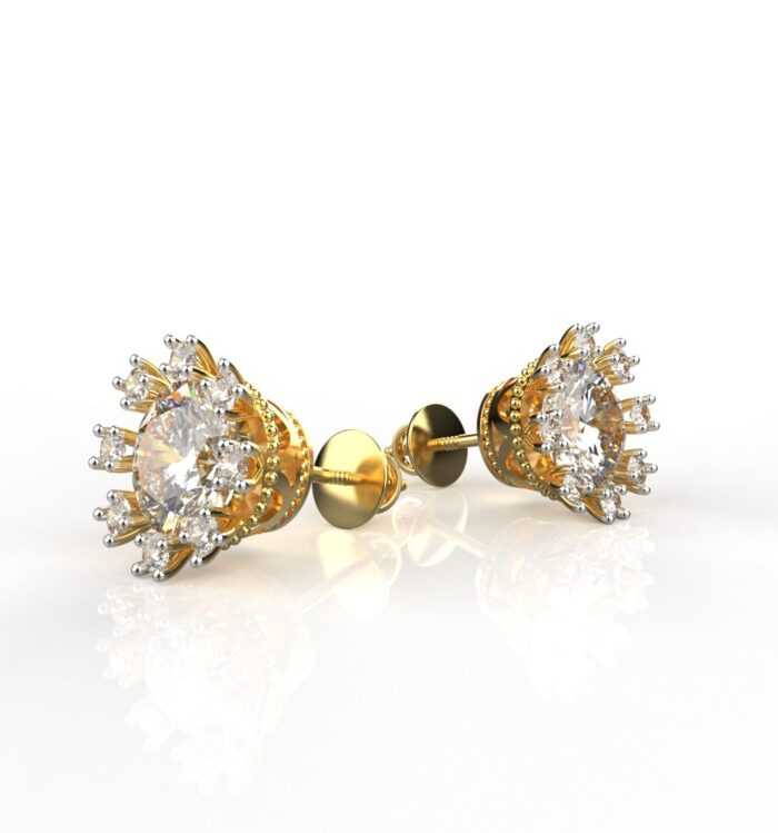 Avarta Sterling Silver 2 Carat Solitaire Sunflower Stud Earring With Gold Polish For Girls & Women