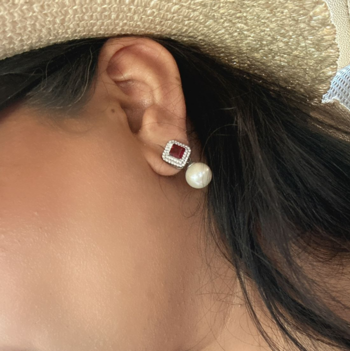 Avarta Jewellery 18k White Gold Moissanite and Ruby Earring with Pearls - Image 2