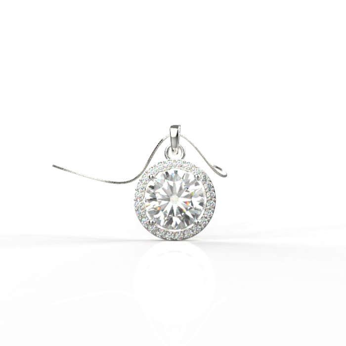 Avarta Sterling Silver 2 Carat Solitaire Halo Pendant With Chain in White Gold Polish