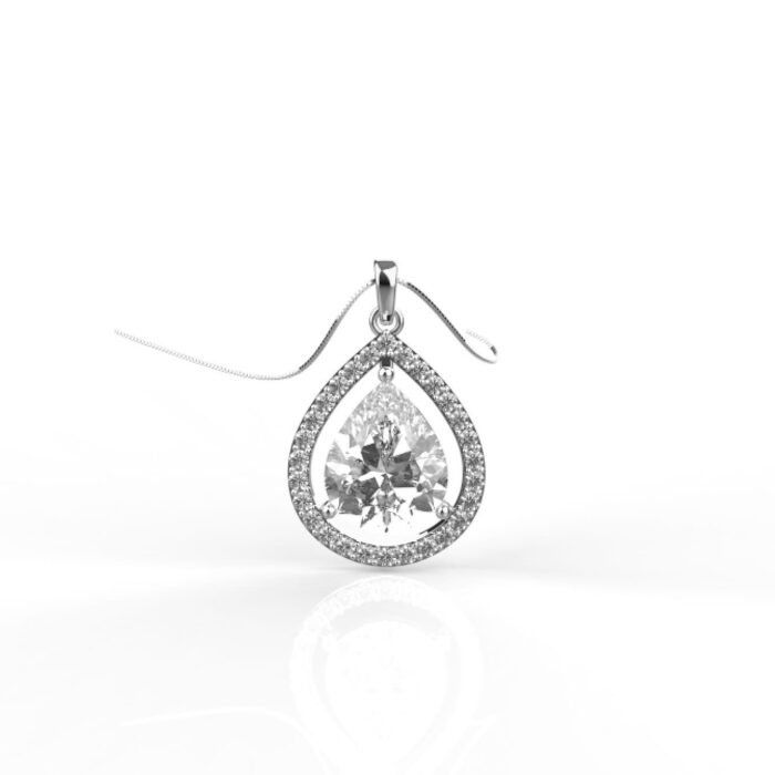 Avarta Sterling Silver Pear Solitaire Halo Pendant With Chain in White Gold Polish