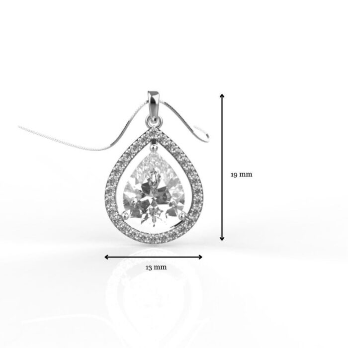 Avarta Sterling Silver Pear Solitaire Halo Pendant With Chain in White Gold Polish - Image 4