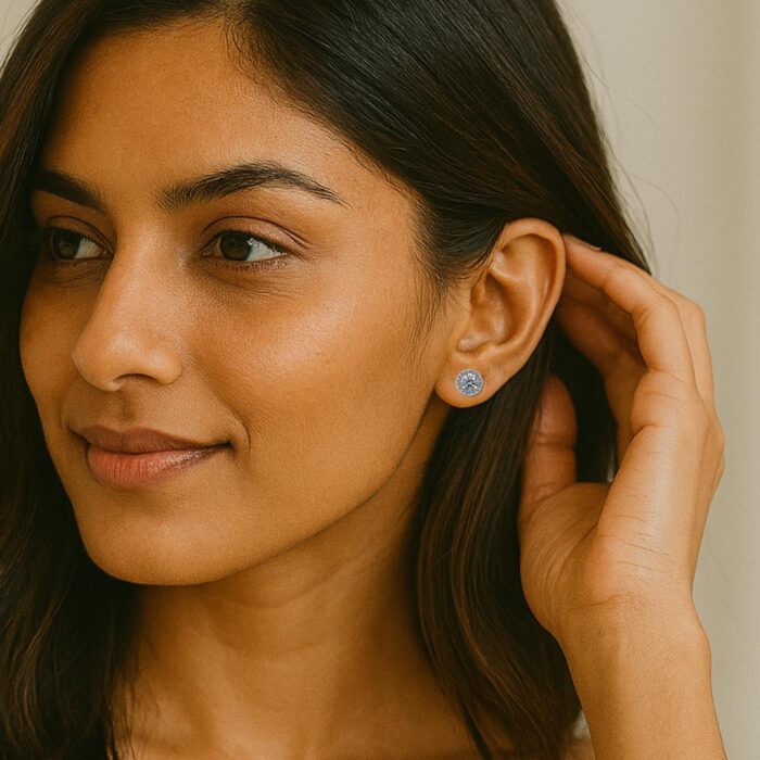 Avarta Gold 80 Cents Each Lab Grown Halo Solitaire Stud Earrings - Image 2