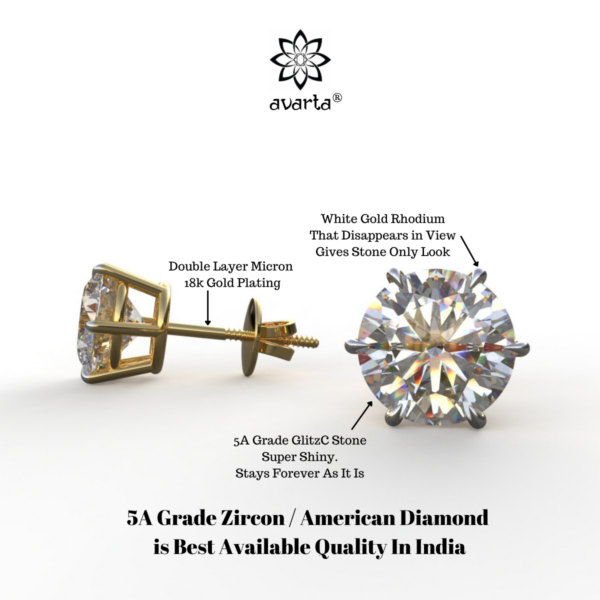 Avarta Jewellery 92.5 Sterling Silver American Diamonds 2 Carat Each Solitaire Stud Earrings With Yellow Gold Polish for Girls & Women - Image 5
