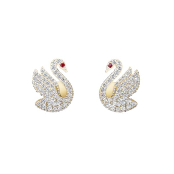 Gold Swan Diamond Stud Earrings with 1.21 Ct Lab Diamonds and Natural Ruby Accents