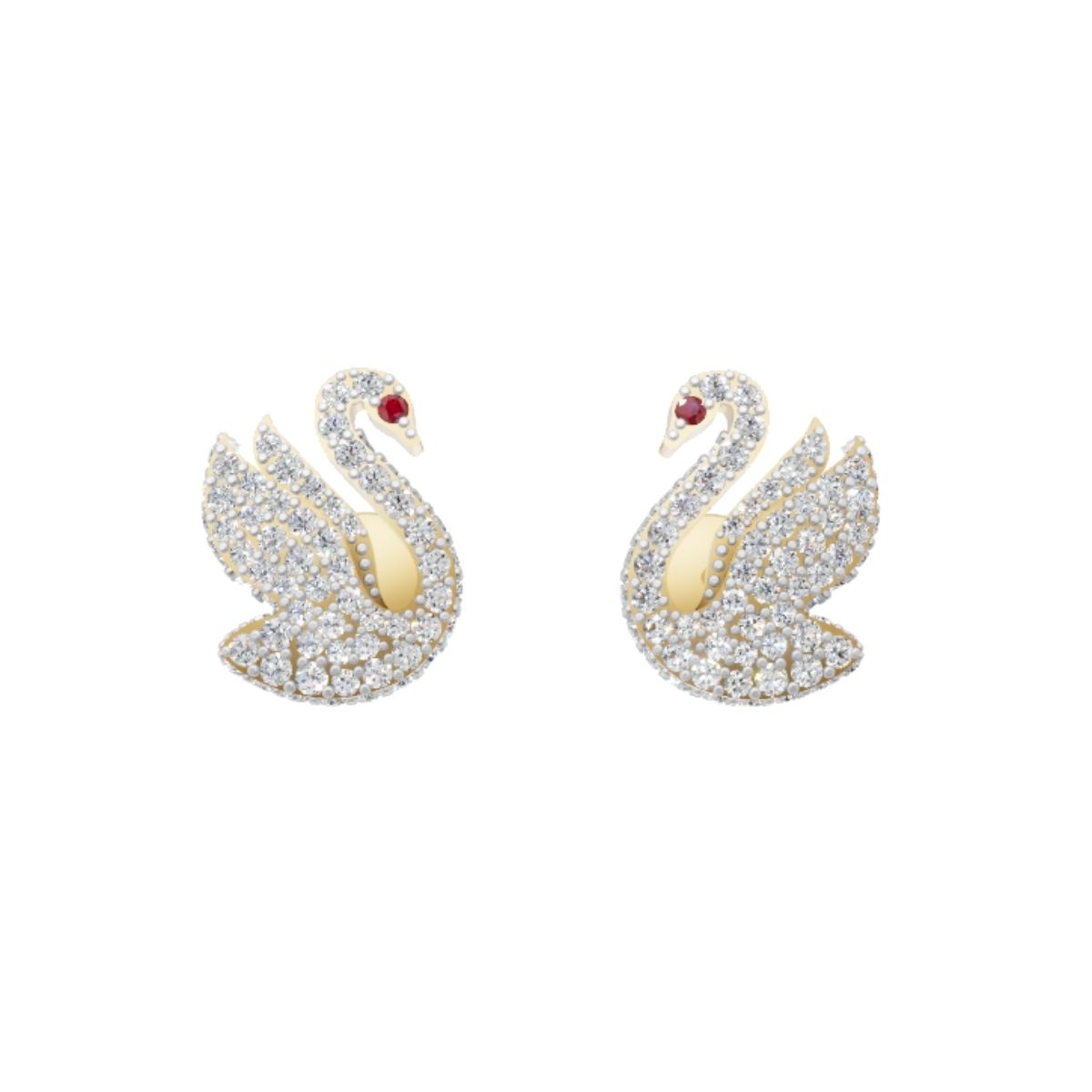 Gold Swan Diamond Stud Earrings with 1.21 Ct Lab Diamonds and Natural Ruby Accents