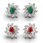 Avarta Gold Diamond Stud Earrings with Ruby Emerald